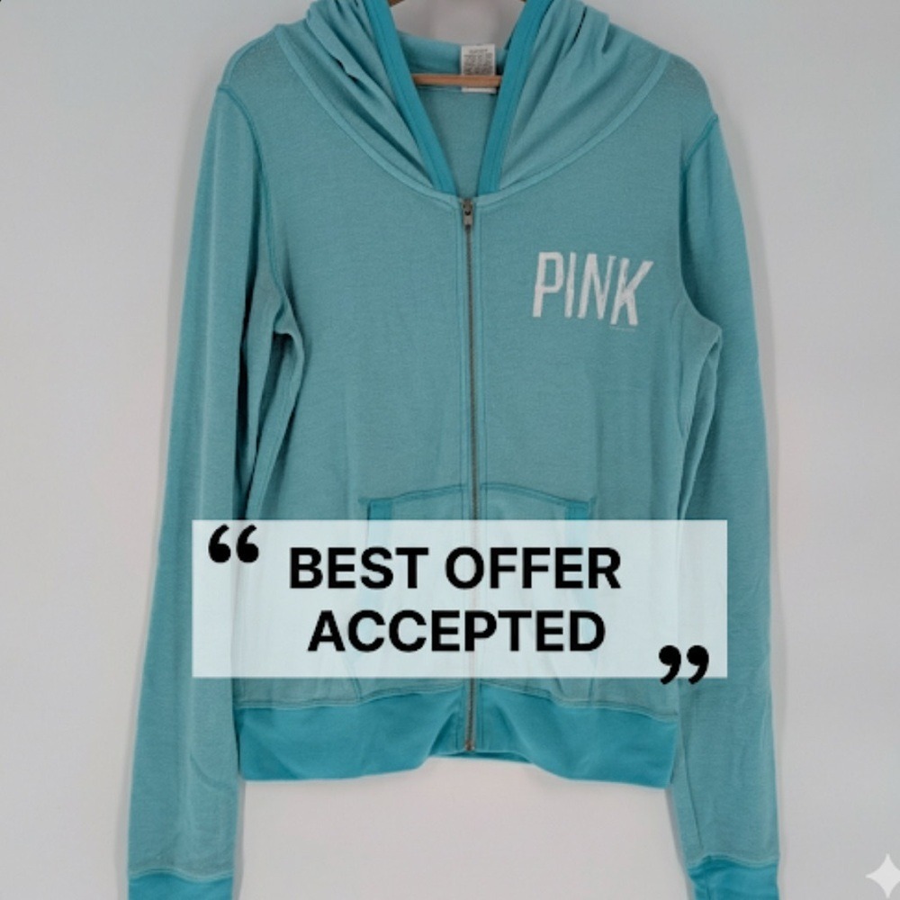 Victoria's Secret PINK Turquoise Blue Full Zip Hoodie Logo Sweatshirt Medium